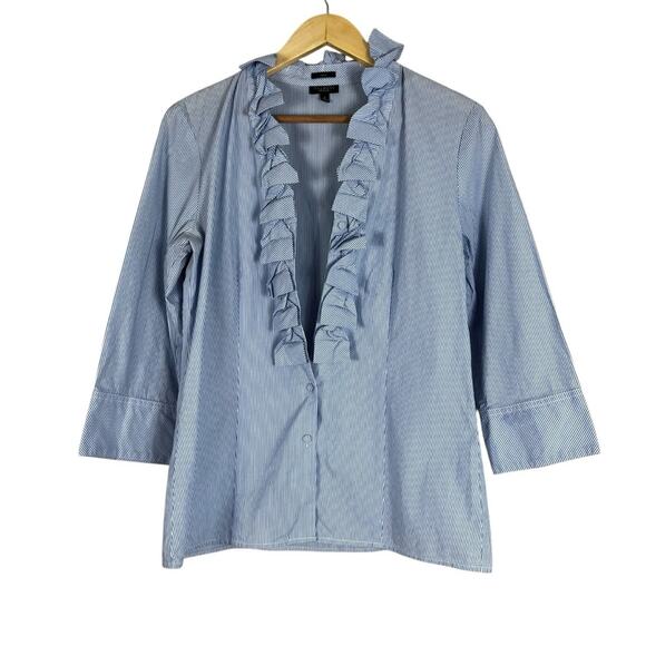Talbots Button Down Top Womens 8 Blue Striped Cotton Ruffle V-Neck Coastal Work - Picture 1 of 6